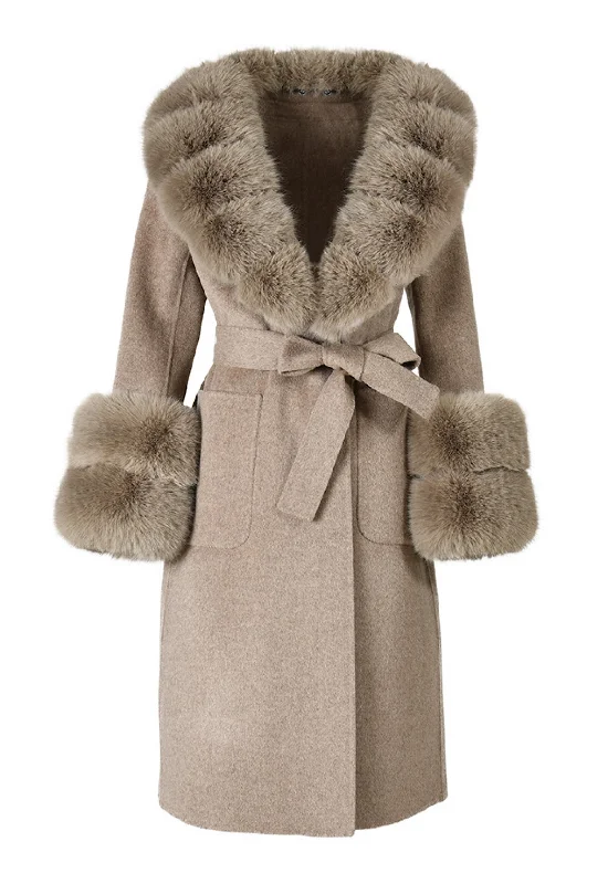 Women's Artificial Fur Trimmed Dresses MIMI Grey Cashmere Coat with Premium Faux Fur Women's Artificial Fur Trimmed Dresses MIMI Grey Cashmere Coat with Premium Faux Fur