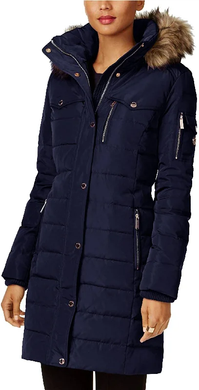 down coat for hiking in the mountains​ 3/4 Down Coat With Faux Fur Hood In Navy Blue