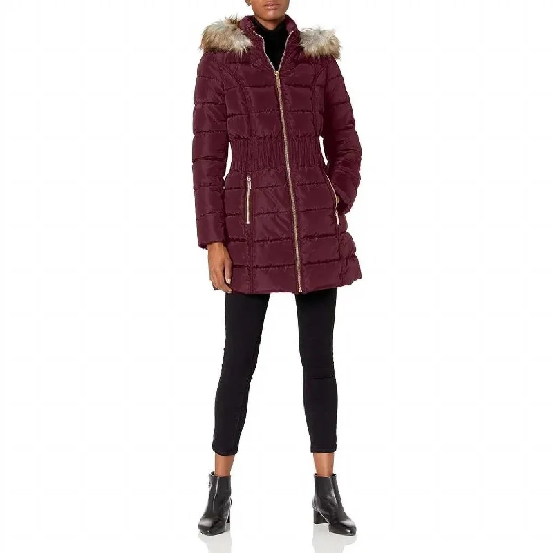 down coat for winter tourists in cold destinations​ 3/4 Puffer Zig Zag Cinched Waist Faux Fur Trim Hood Jacket In Port Royal