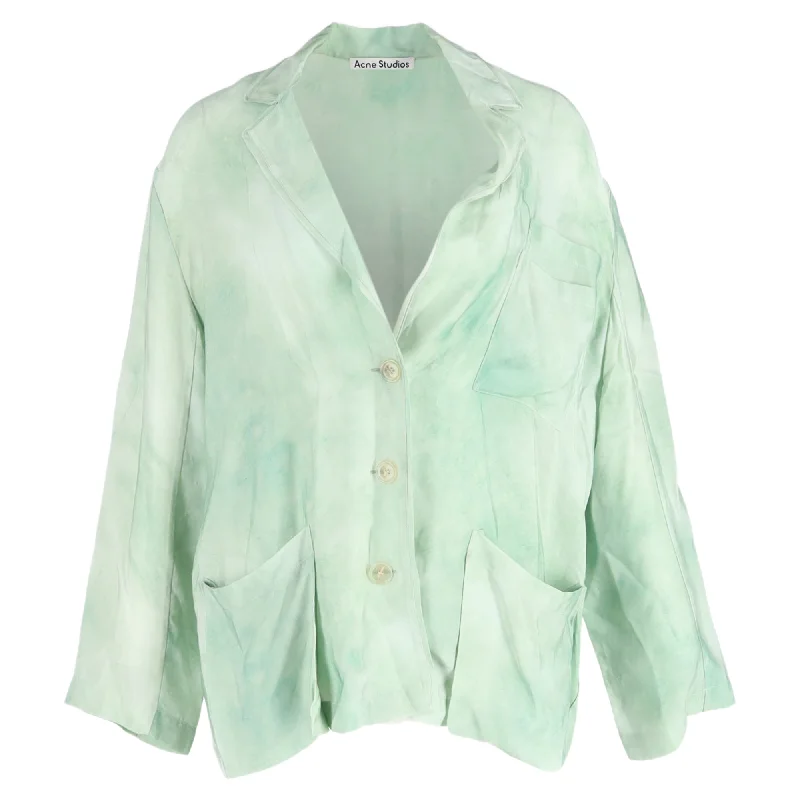 Oversized Women's Checkered Blazers in Black and White for a Trendy Style Acne Studios Marble Print Single-Breasted with Pockets Blazer in Green Cupro Oversized Women's Checkered Blazers in Black and White for a Trendy Style Acne Studios Marble Print Single-Breasted with Pockets Blazer in Green Cupro