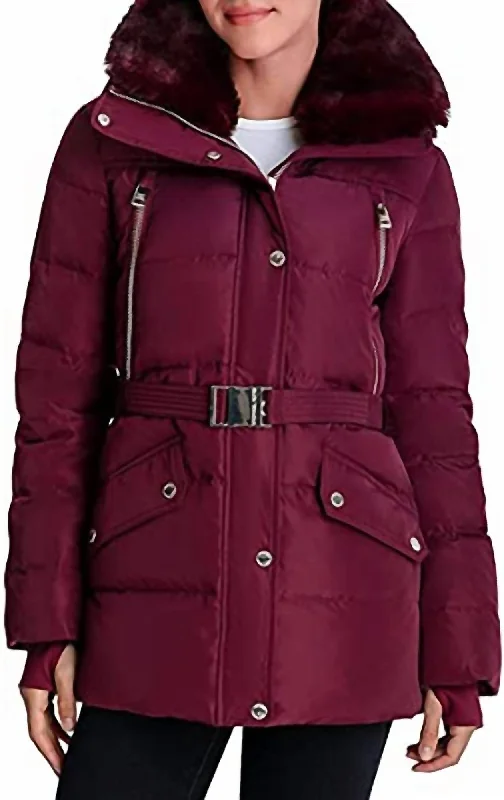 down coat with reflective strips for safety​ Belted Down Quilted Jacket Coat In Dark Ruby