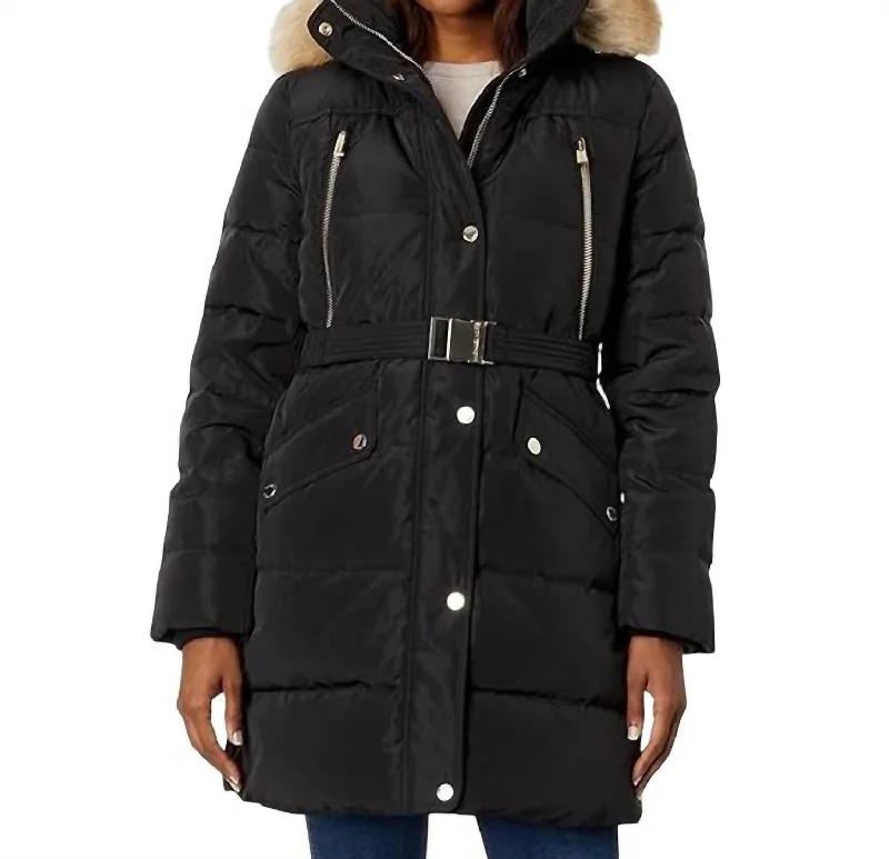 down coat for winter fishing​ Belted Faux Fur 3/4 Length Puffer Coat In Black