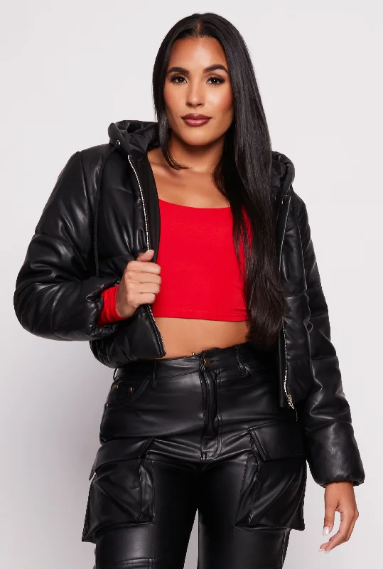 Women's leather leather ankle straps for shoes Faux Leather Zip Front Hooded Puffer Jacket Women's leather leather ankle straps for shoes Faux Leather Zip Front Hooded Puffer Jacket