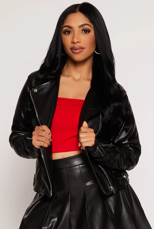 Women's leather cropped jackets for a trendy outfit Faux Leather Zip Front Moto Jacket Women's leather cropped jackets for a trendy outfit Faux Leather Zip Front Moto Jacket