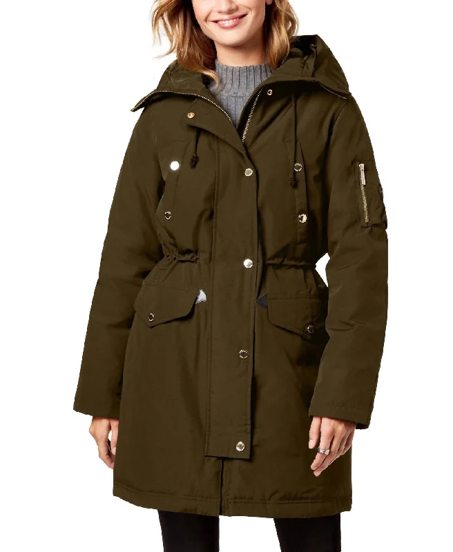 down coat for seniors with easy - to - use closures​ Cinch Waist Down Parka Puffer Jacket In Olive Green
