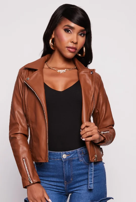 Women's leather military - style jackets with epaulets Faux Leather Zip Front Moto Jacket Women's leather military - style jackets with epaulets Faux Leather Zip Front Moto Jacket