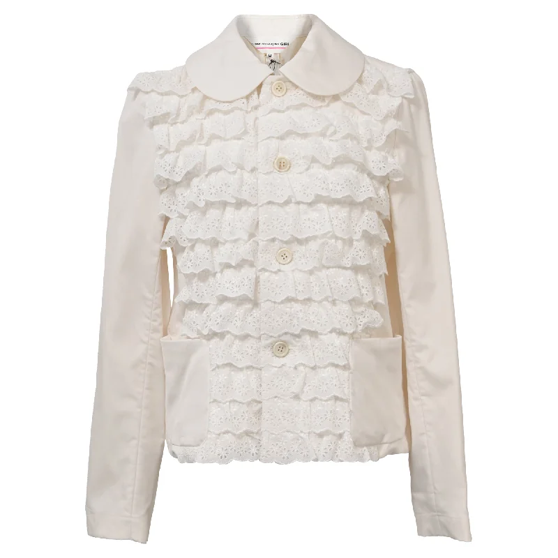 Plus Size Women's Ruffled Blazers in Pink for a Girly and Fashionable Look Comme Des Garçons Lace and Ruffle Details Blazer in White Cotton Plus Size Women's Ruffled Blazers in Pink for a Girly and Fashionable Look Comme Des Garçons Lace and Ruffle Details Blazer in White Cotton