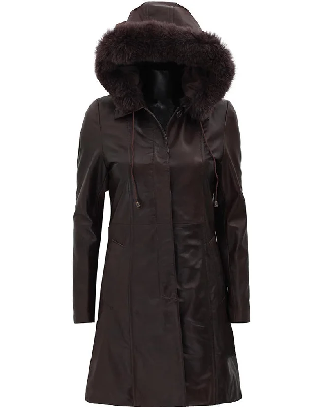 Women's Artificial Fur - Trimmed Bathrobes​ Dark Brown Leather Coat for Women With Removable Fur Hood