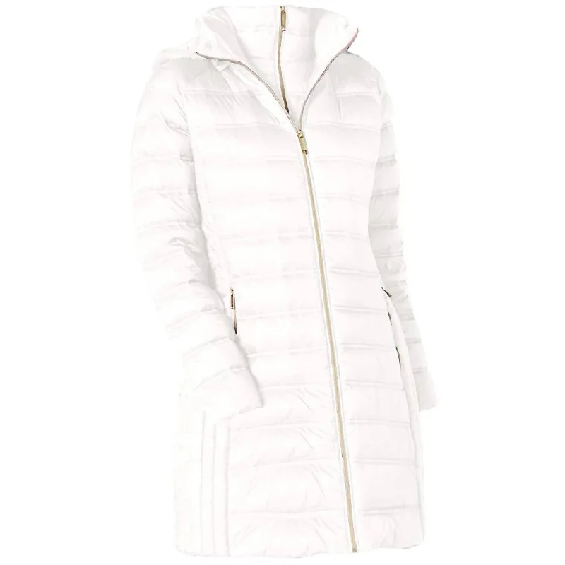 down coat with ribbed cuffs​ Down Hooded Packable 3/4 Coat In White