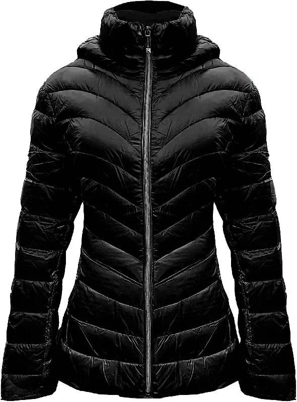 down coat with inner pocket for valuables​ Down Hooded Packable Coat In Black
