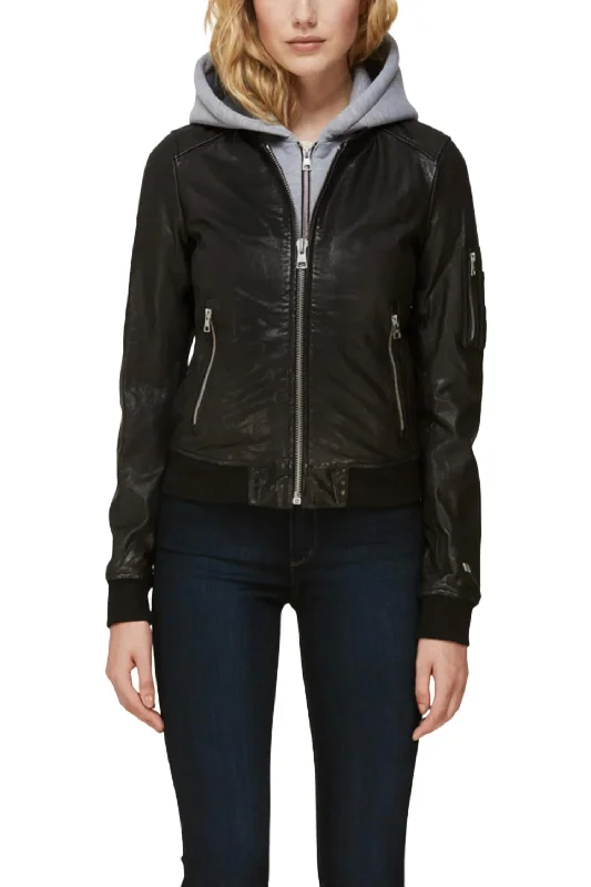 Women's leather leather lounge pants for comfort Farica Leather Bomber Jacket In Black Women's leather leather lounge pants for comfort Farica Leather Bomber Jacket In Black