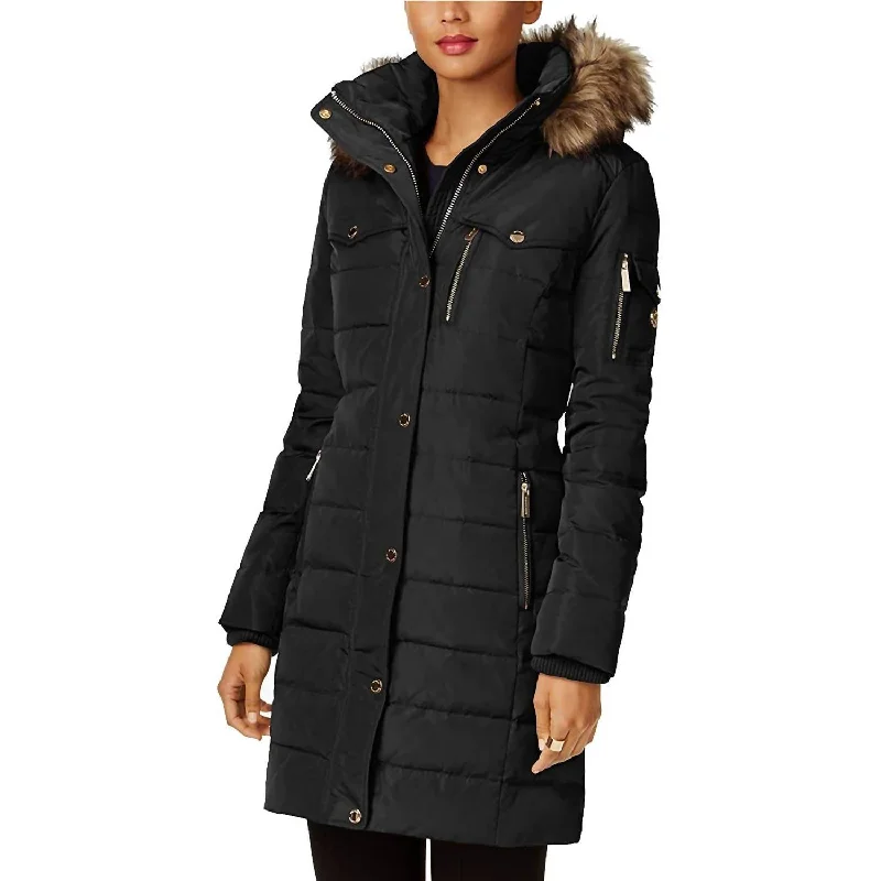 down coat for cycling in winter​ Faux Fur Trim Removable Hood Down Puffer Coat In Black