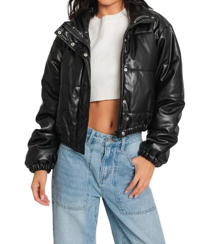 down coat with multiple pockets​ Faux Leather Puffer Jacket In Black