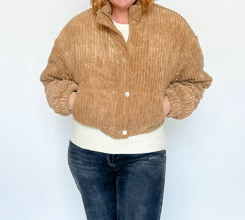 down coat for winter tourists in cold destinations​ It's Giving Toasty Corduroy Puffer Jacket In Taupe