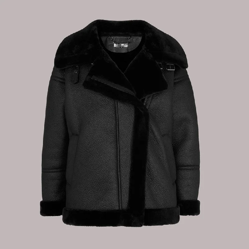 Women's Artificial Fur Hooded Coats​ LAUREN FAUX FUR SHEARLING BIKER JACKET