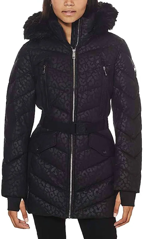 down coat for hunting in cold weather​ Logo Leopard Belted Hooded Down Puffer Coat In Black