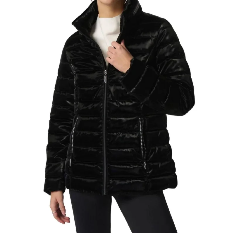 down coat for motorcycling in cold climates​ Metallic Puffer Jacket In Black
