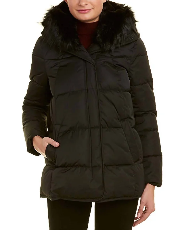 short down coat for active women​ Morgan Faux-Fur Trim Puffer Short Coat In Black