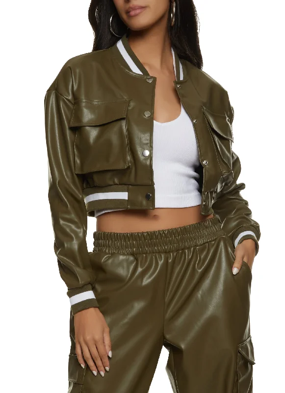 Women's leather leather cloche hats Faux Leather Pocket Detail Bomber Jacket