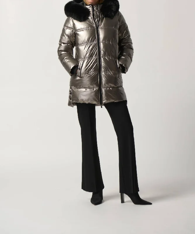 down coat for motorcycling in cold climates​ Pewter Puffer Coat With Hood