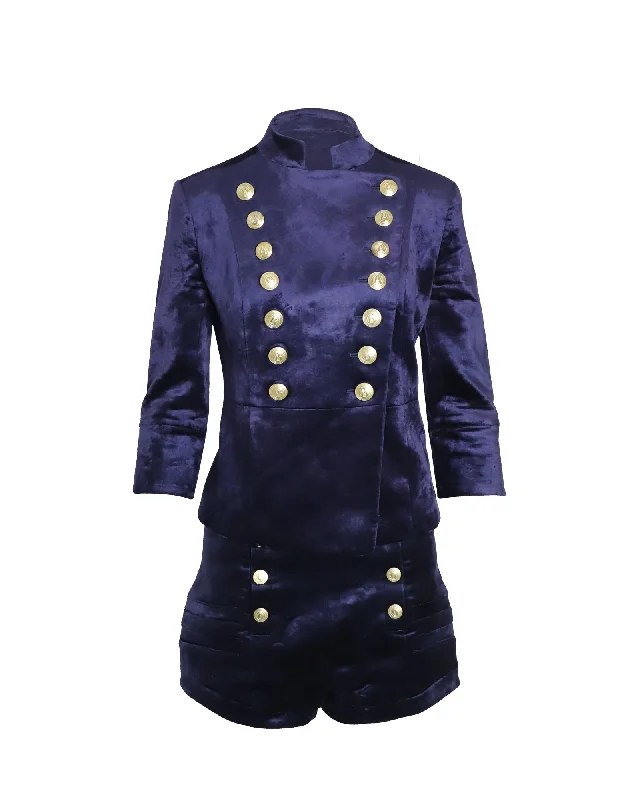 Women's Tailored Stretch Blazers in Navy Blue for Business Meetings Pierre Balmain Military Blazer and Shorts Set in Blue Velvet Women's Tailored Stretch Blazers in Navy Blue for Business Meetings Pierre Balmain Military Blazer and Shorts Set in Blue Velvet