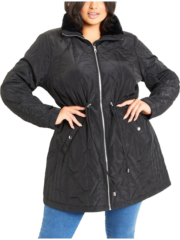 down coat for winter fishing​ Plus Womens Faux Fur Trim Quilted Puffer Jacket