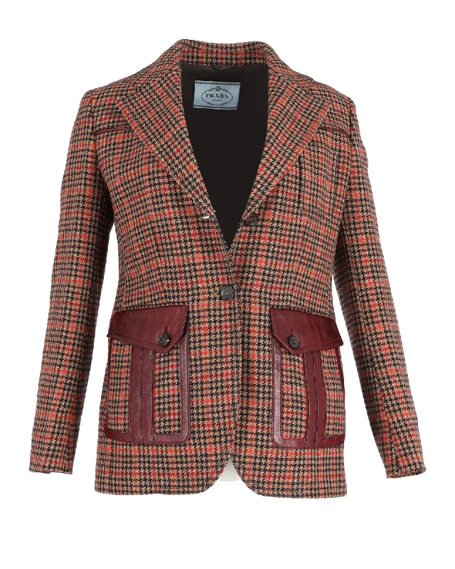 Single - Breasted Women's Tweed Blazers with Gold Buttons for a Classic Look Prada Leather-Trimmed Checked Blazer in Brown Wool-blend Tweed Single - Breasted Women's Tweed Blazers with Gold Buttons for a Classic Look Prada Leather-Trimmed Checked Blazer in Brown Wool-blend Tweed