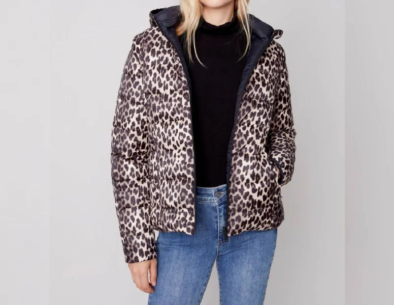 down coat for winter horseback riders​ Printed Leopard Puffer In Black Leopard