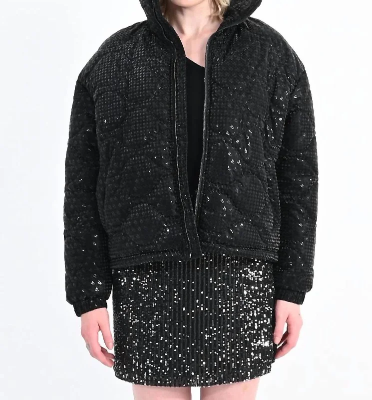down coat for winter bird watching​ Puffer Down Jacket With Houndstooth Pattern In Black  Metallic