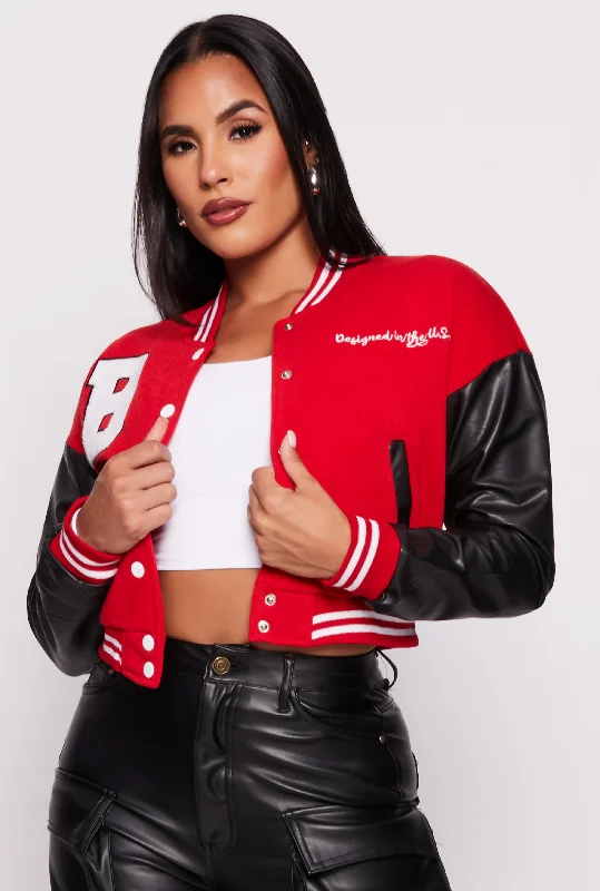 Women's leather leather flare pants for a retro feel B Initial Chenille Patch Cropped Varsity Jacket Women's leather leather flare pants for a retro feel B Initial Chenille Patch Cropped Varsity Jacket