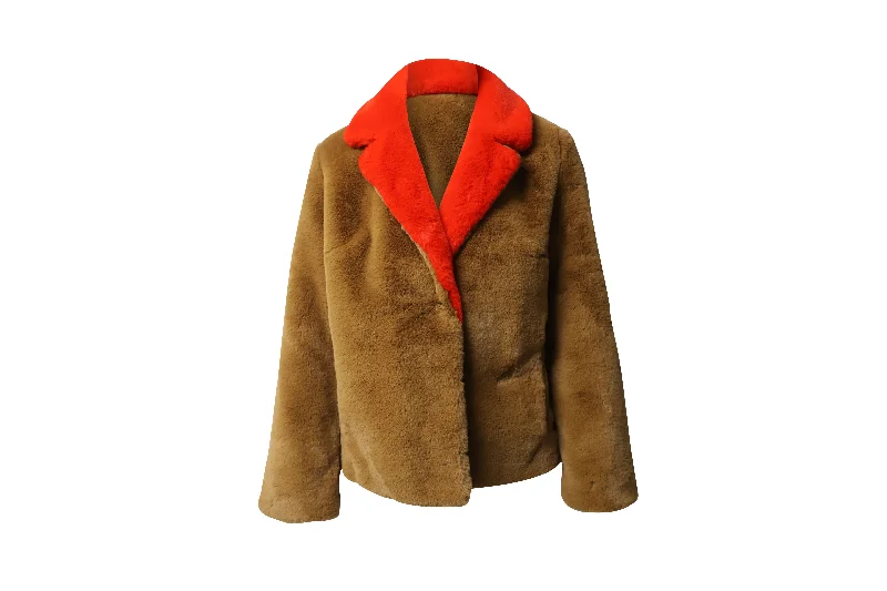 Women's Artificial Fur - Trimmed Mules​ Stand Two Tone Faux Fur Coat in Brown Polyester