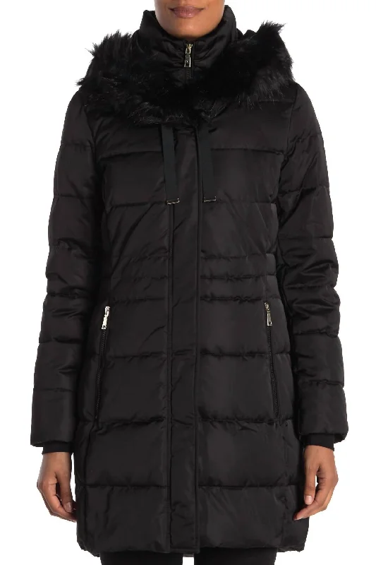luxury down coat with high - quality down fill​ Stefani Faux Fur Hood Down Fill Fitted Puffer Coat In Black