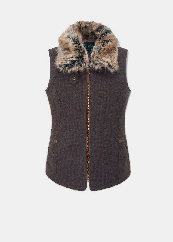 Oversized Checkered Women's Wool Waistcoat in Gray for a Casual and Stylish Look Surrey Ladies Tweed Gilet In Bramble Oversized Checkered Women's Wool Waistcoat in Gray for a Casual and Stylish Look Surrey Ladies Tweed Gilet In Bramble