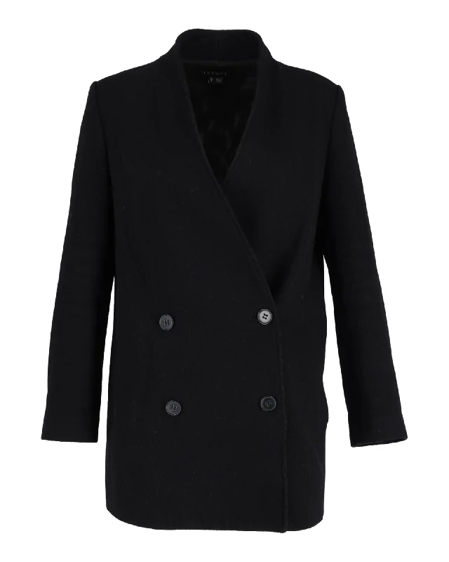 Women's Longline Linen Blazers in Pastel Colors for Summer Events Theory Double-Breasted Collarless Blazer in Black Wool Women's Longline Linen Blazers in Pastel Colors for Summer Events Theory Double-Breasted Collarless Blazer in Black Wool
