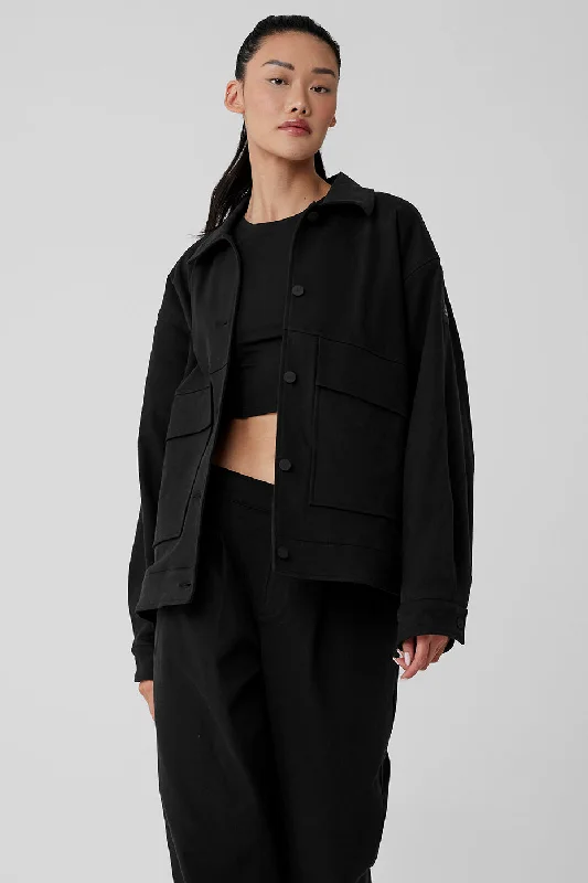 Women's cropped leather coats with silver studs for an edgy look Unisex One Up Jacket - Black Women's cropped leather coats with silver studs for an edgy look Unisex One Up Jacket - Black