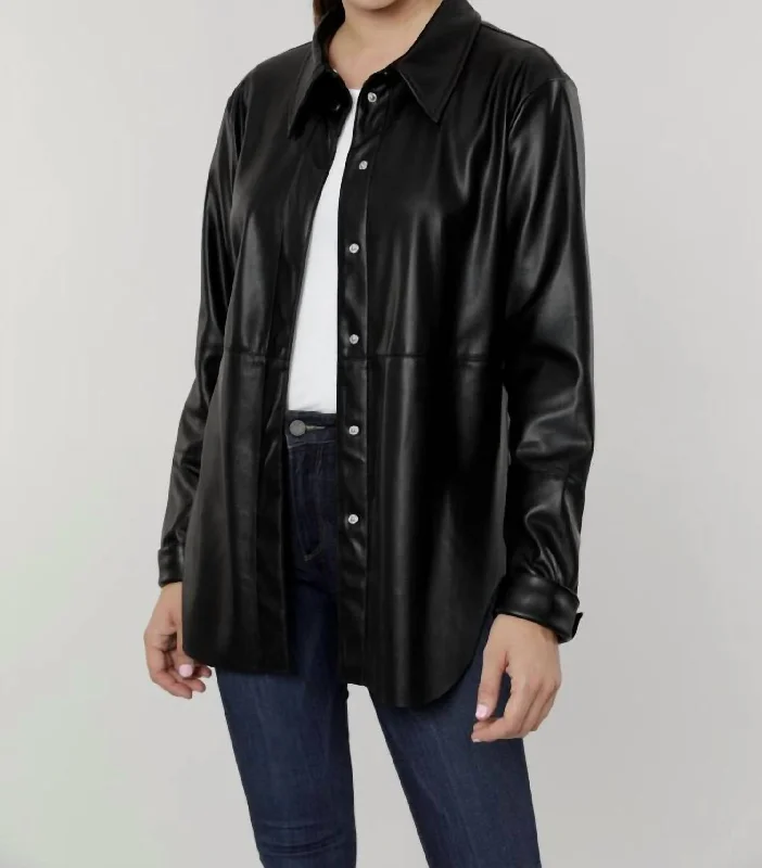 down coat for petite women​ Vegan Leather Button-Down Shirt Shacket In Black