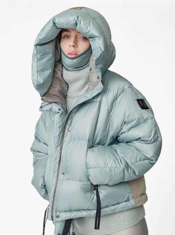 hooded down coat for winter commuting​ W SHORT DOWN PUFFER - Slate Gray