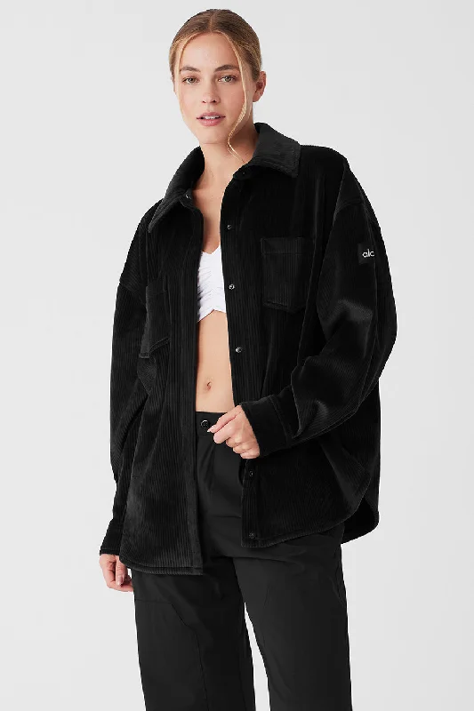 Petite women's wool blend coats with a tailored fit for a flattering silhouette Ribbed Velour Mountain Side Shacket - Black Petite women's wool blend coats with a tailored fit for a flattering silhouette Ribbed Velour Mountain Side Shacket - Black