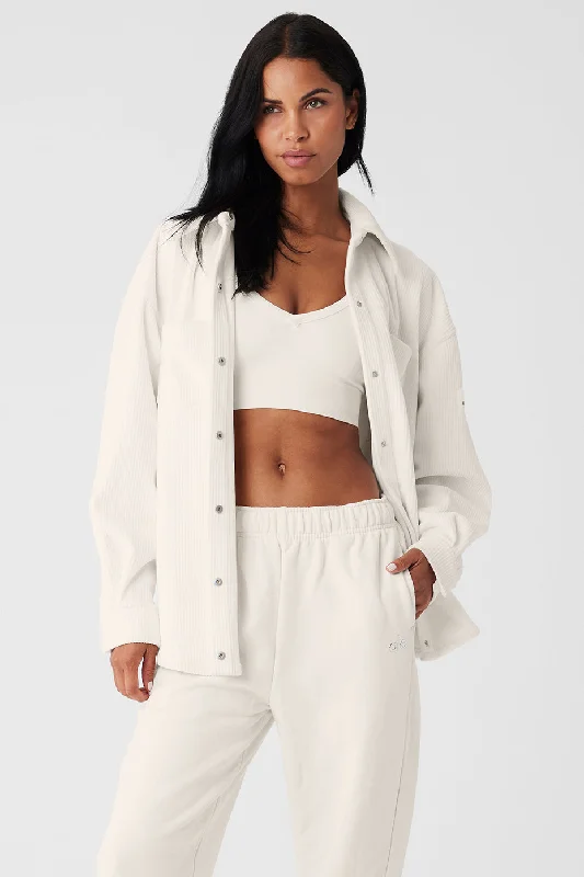 Petite women's wool blend coats with a tailored fit for a flattering silhouette Ribbed Velour Mountain Side Shacket - Ivory