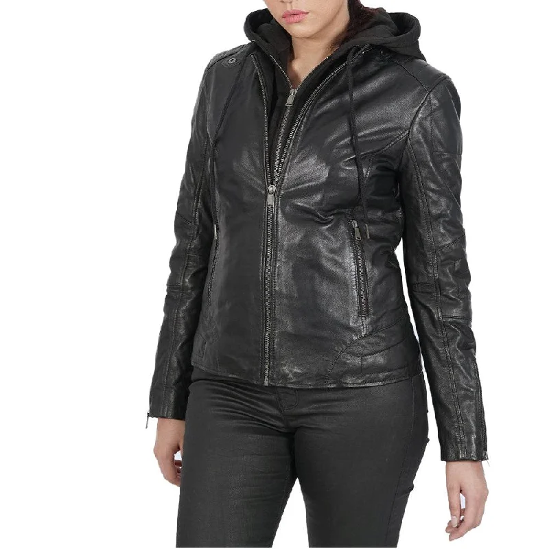 Women's leather high - low leather skirts Winter Becky Hooded Black Leather Jacket