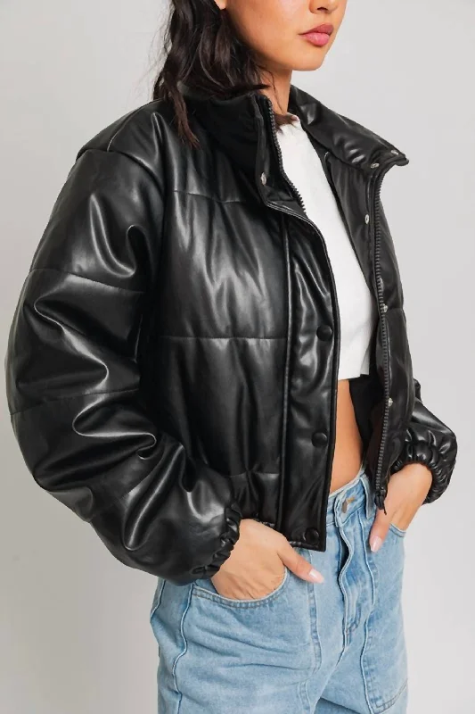 down coat for winter photographers with camera - friendly pockets With Edge Faux Leather Puffer Jacket In Black