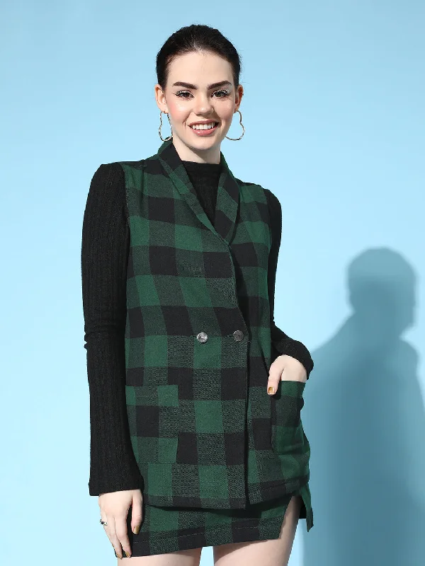 Plus Size Women's Open - Front Knitted Waistcoat in Burgundy for a Cozy and Flattering Layer Women Green Flannel Check Sleeveless Blazer Plus Size Women's Open - Front Knitted Waistcoat in Burgundy for a Cozy and Flattering Layer Women Green Flannel Check Sleeveless Blazer