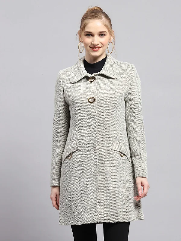 Women's knee - length wool blend coats with a fur collar for added warmth Women Grey Self Design Collar Full Sleeve Coat Women's knee - length wool blend coats with a fur collar for added warmth Women Grey Self Design Collar Full Sleeve Coat