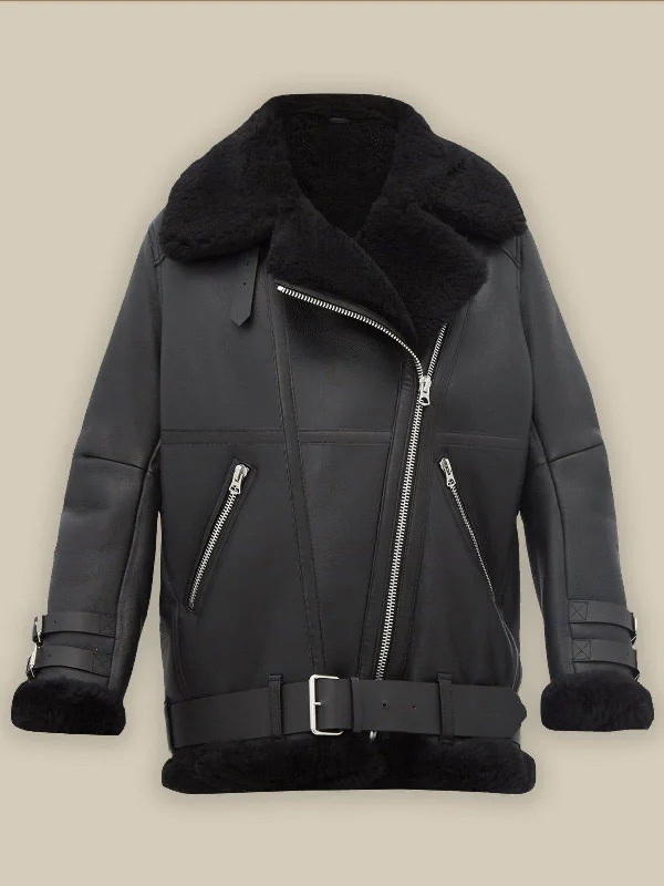 Women's Artificial Fur - Trimmed Oxfords​ Women Pitch Black B3 Shearling Leather Jacket