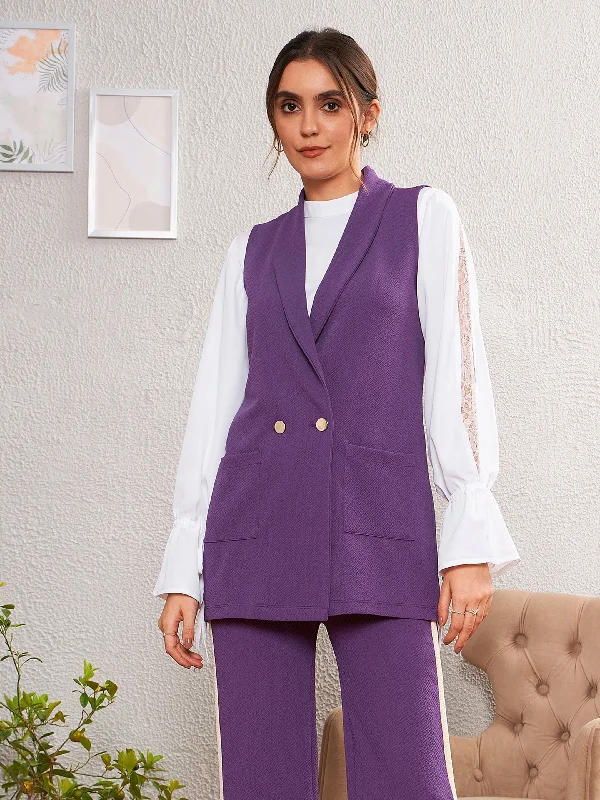 Plus Size Women's Mock - Fur - Trimmed Waistcoat in Cream for a Luxurious and Warm Winter Look Women Purple Double-Breast Sleeveless Longline Blazer Plus Size Women's Mock - Fur - Trimmed Waistcoat in Cream for a Luxurious and Warm Winter Look Women Purple Double-Breast Sleeveless Longline Blazer