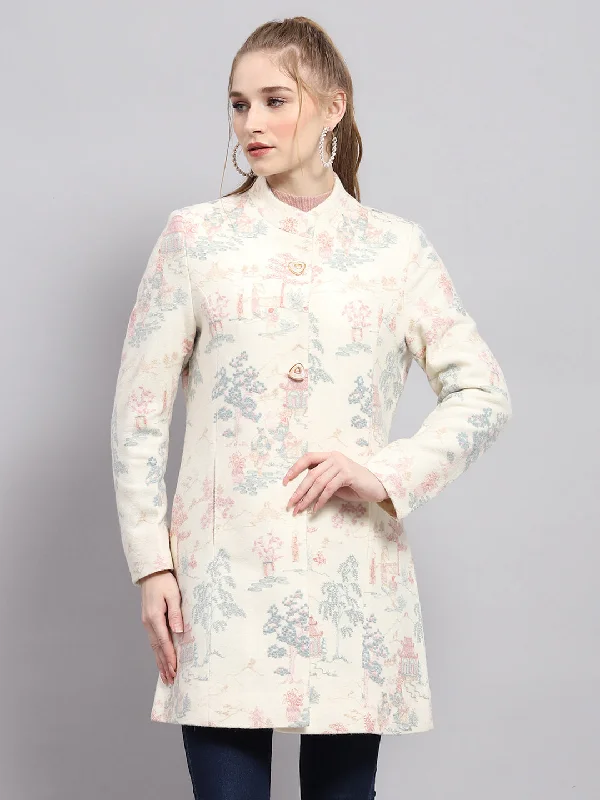 Plus size women's wool blend coats for a warm and stylish winter Women White Embroidered Mock Neck Full Sleeve Coat Plus size women's wool blend coats for a warm and stylish winter Women White Embroidered Mock Neck Full Sleeve Coat