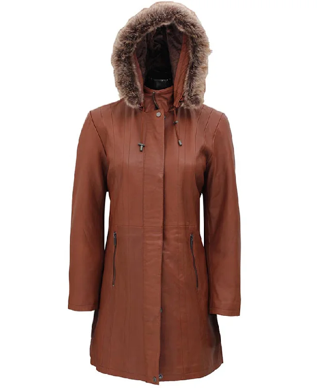 Women's Artificial Fur - Trimmed Nightgowns​ Womens 3/4 Length Brown Leather Coat With Removable Fur Hood