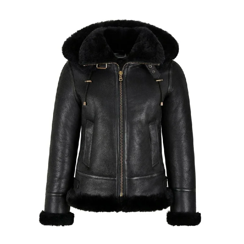 Women's Artificial Fur Boot Toppers​ WOMENS B3 BOMBER HOODED CLASSIC BLACK SHEARLING JACKET