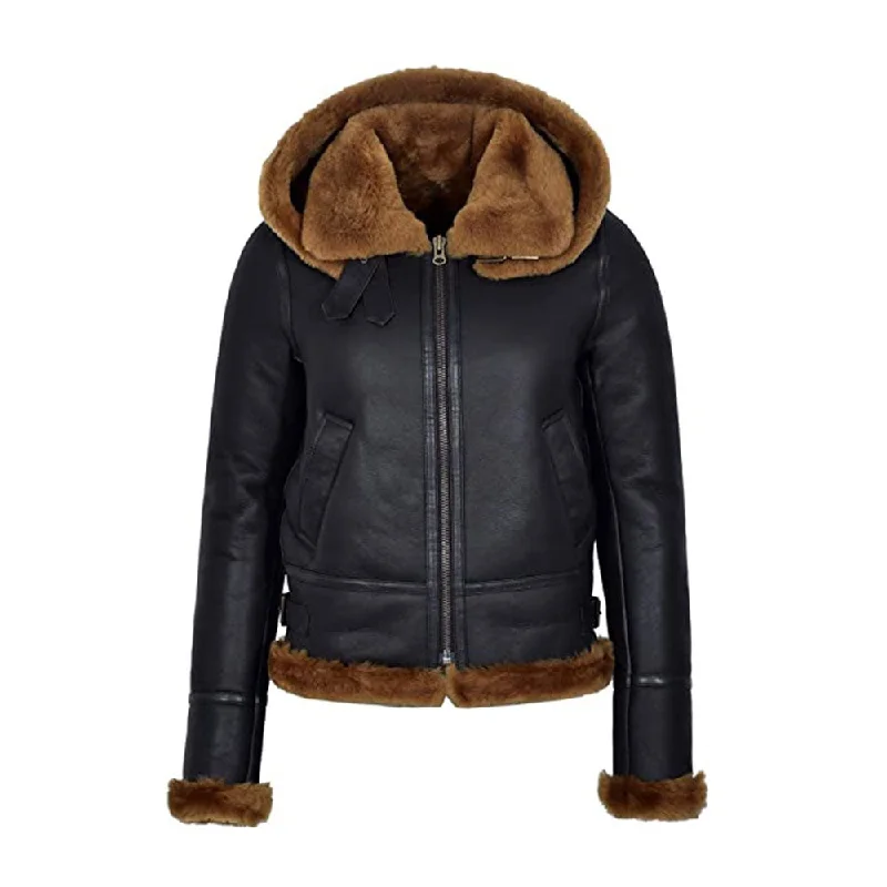 Women's Artificial Fur Cuffs for Gloves​ WOMENS BLACK HOODED B3 FLYING SHEARILING JACKET