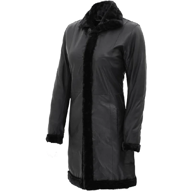 Women's Artificial Fur - Trimmed Slippers​ Womens Black Lambskin 3/4 Length Shearling Leather Coat